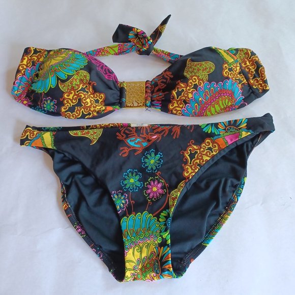 Trina Turk Other - Trina Turk Bikini, Black with Bright Floral Paisley, Metal Trim, Size 10